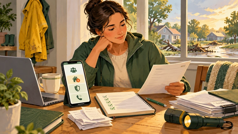 An illustration of a woman looking over important documents after a storm., with damage visible in the window behind her.