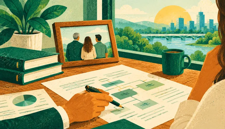 Illustration of two people reviewing a business succession chart, with a framed family photo on the desk.