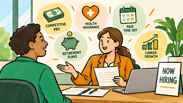 compensation and benefits are discussed during an interview. compensation topics with related icons are featured in the background.