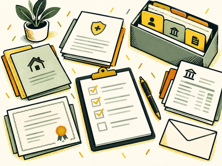 Illustration of a tabletop with organized stacks of important documents.