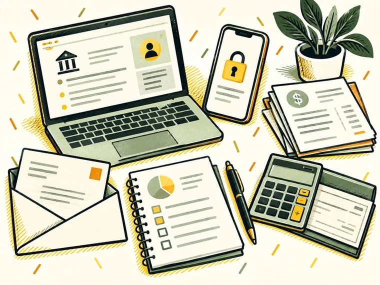 Illustration of s laptop, smartphone, and various documents on a desk.