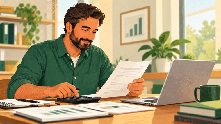 A small business owner looks through financial records preparing to file taxes.