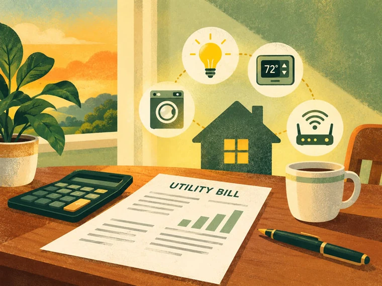 Illustration of dining table with utility bill and calculator, with power consuming device icons in the background.