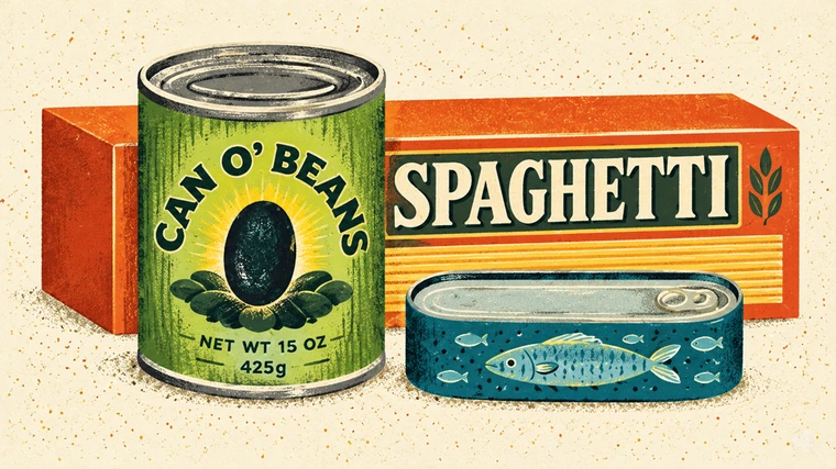 Illustration of packaged food items including boxed spaghetti, canned black beans and canned sardines.