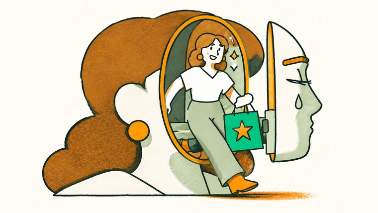 Woman looking in a mirror while holding up a new outfit and a shopping bag.
