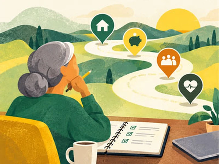 Illustration of a woman pondering retirement decisions looking off into a road with key waypoints.