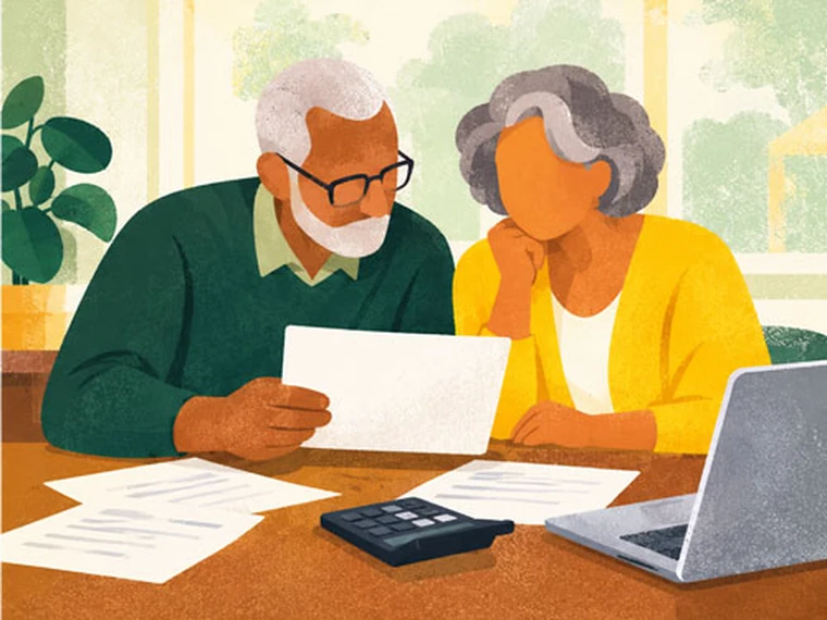Illustration of retired couple reviewing finances together at dining table.