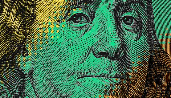 Cropped Benjamin Franklin currency portrait with multicolored digital pattern overlay.