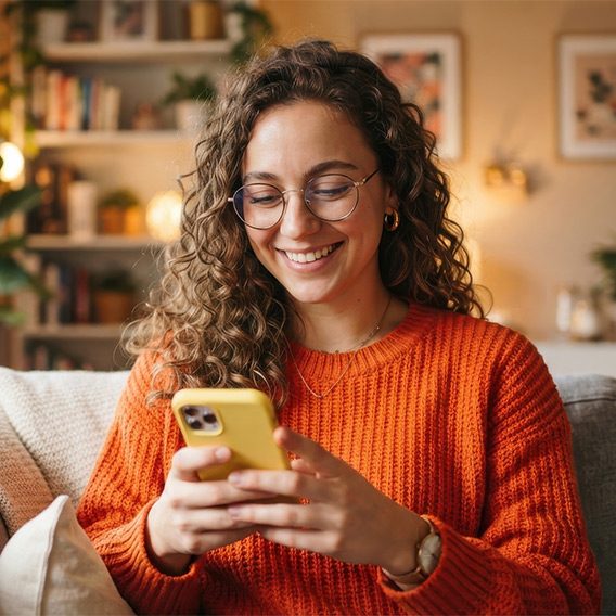 Woman using gabby on mobile at home.