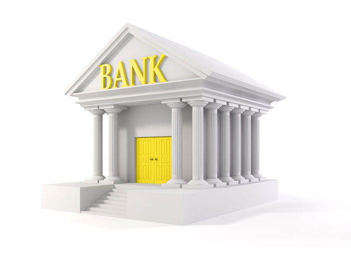 Model bank with yellow door