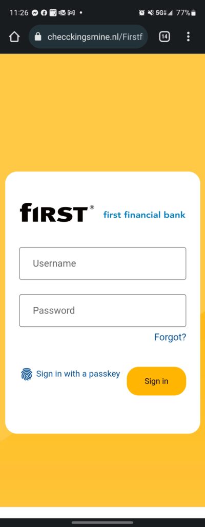 Fraudulent phishing landing page visual sample. Mimicked login page of First Financial Bank Online Banking. Do not input user credentials.