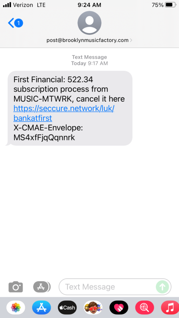 Phishing text sample asking recipient to follow link to cancel subscription.