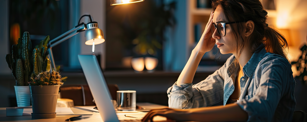 concerned woman sitting at laptop